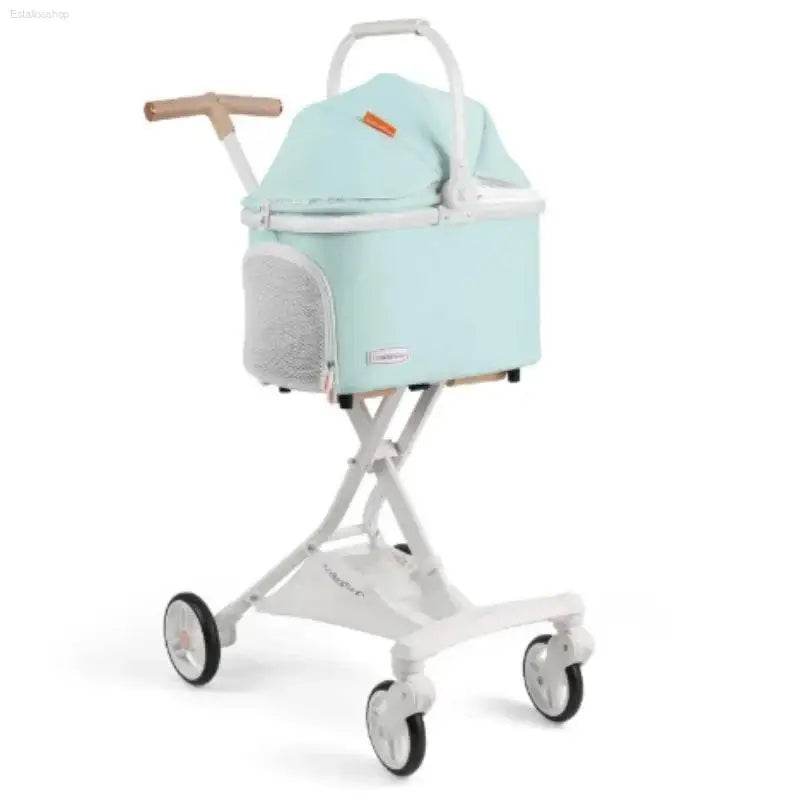 Mint-colored pet stroller.