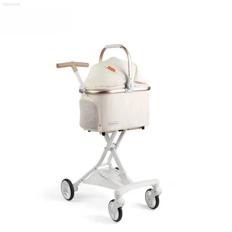 White pet stroller with basket.