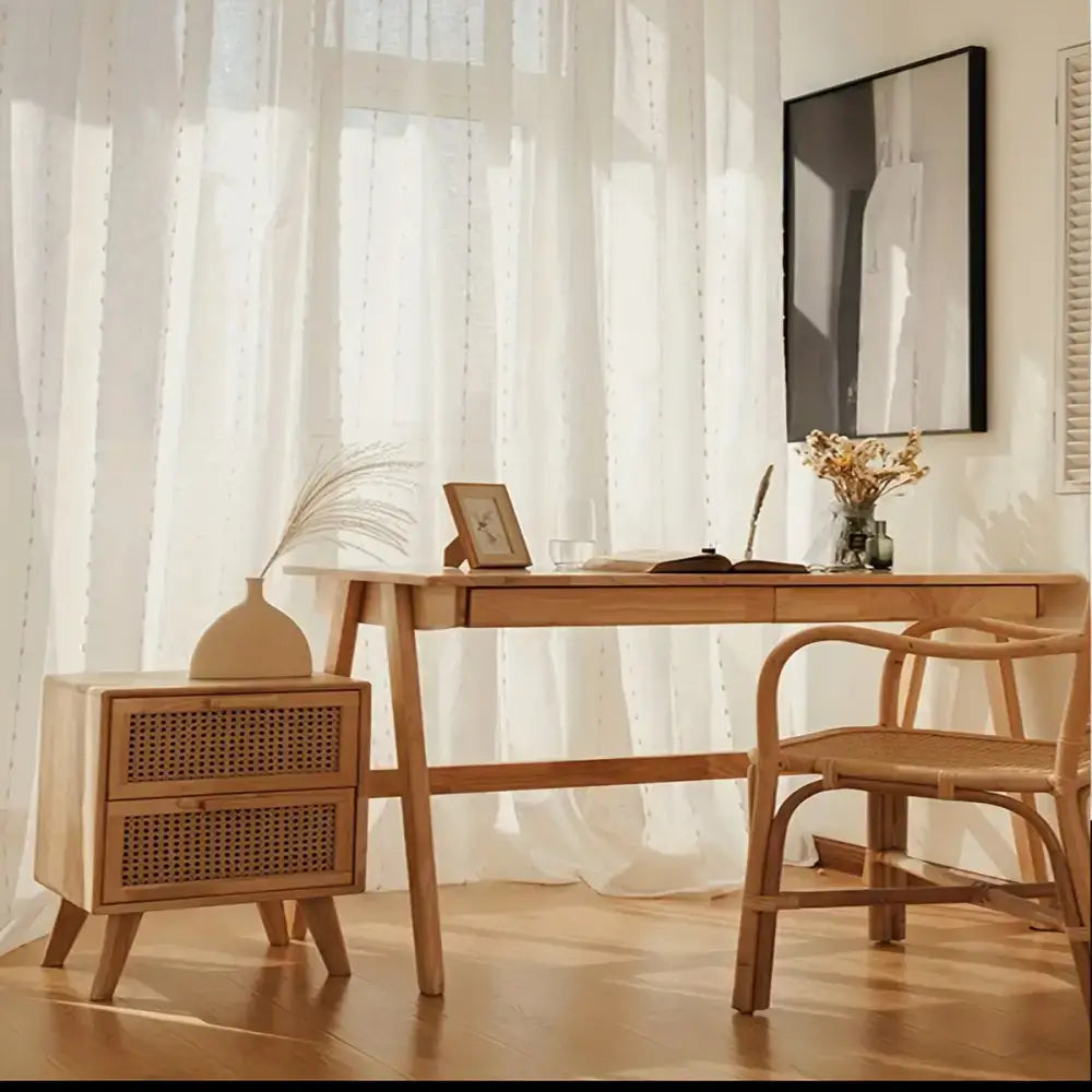 Bright wooden desk and chair set with Linen Sheer Curtains & Wicker Charm for elegance