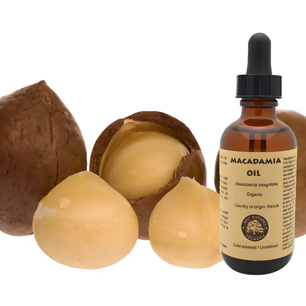 Liquid Gold Organic Macadamia Nut Oil with fresh macadamia nuts and oil bottle