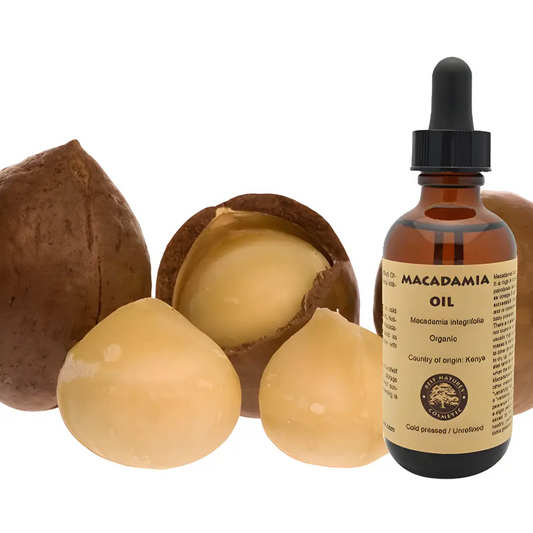 Liquid Gold Organic Macadamia Nut Oil with fresh macadamia nuts and oil bottle