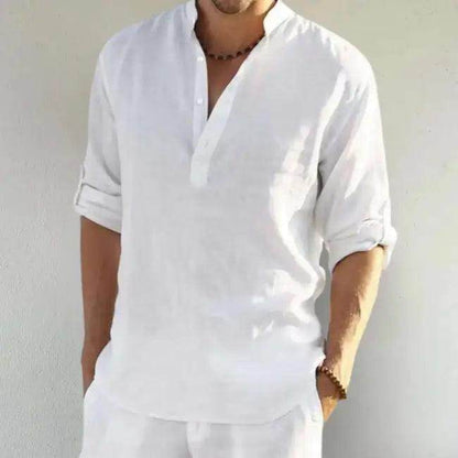 Comfortable Loose Black Linen Shirt with Rolled Sleeves - Estalios