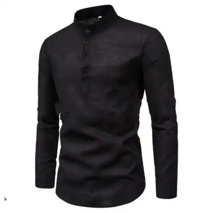 Comfortable Loose Black Linen Shirt with Rolled Sleeves - Estalios