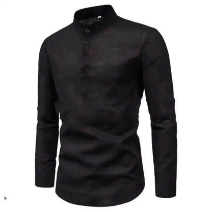 Comfortable Loose Black Linen Shirt with Rolled Sleeves - Estalios