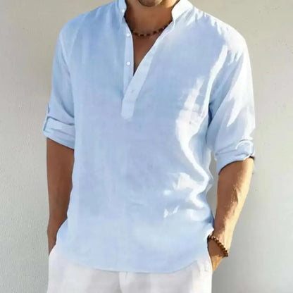 Light blue linen shirt from Loose Linen Shirts For Men, perfect for casual men loose style