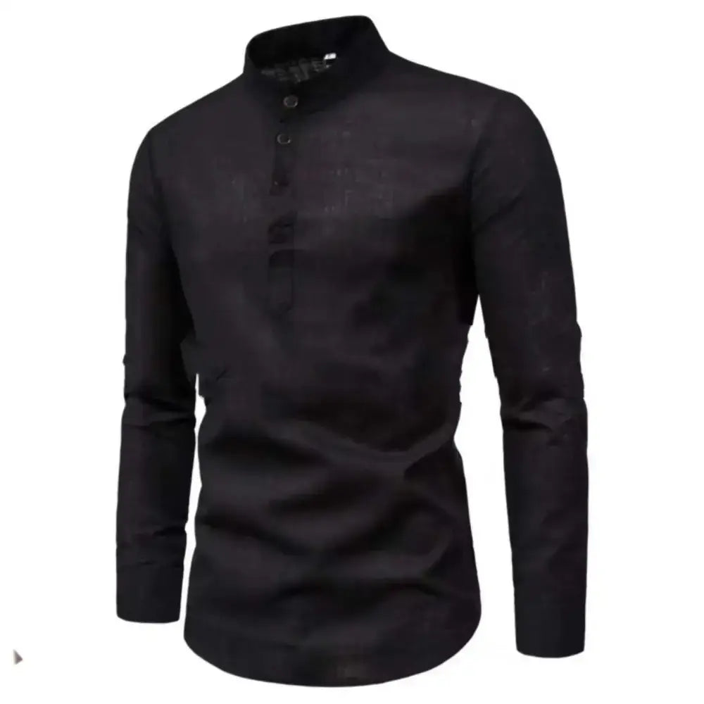 Black Mandarin Collar Shirt from Loose Linen Shirts For Men, perfect for casual wear