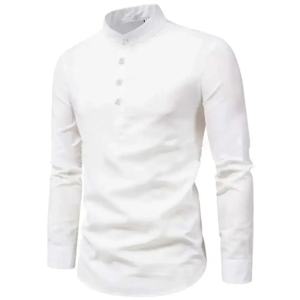 White mandarin collar shirt for men, perfect for casual wear and available in Asian XXL