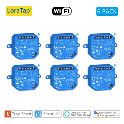 Six blue LoraTap Tuya Smart curtain switch modules for Google Home voice control