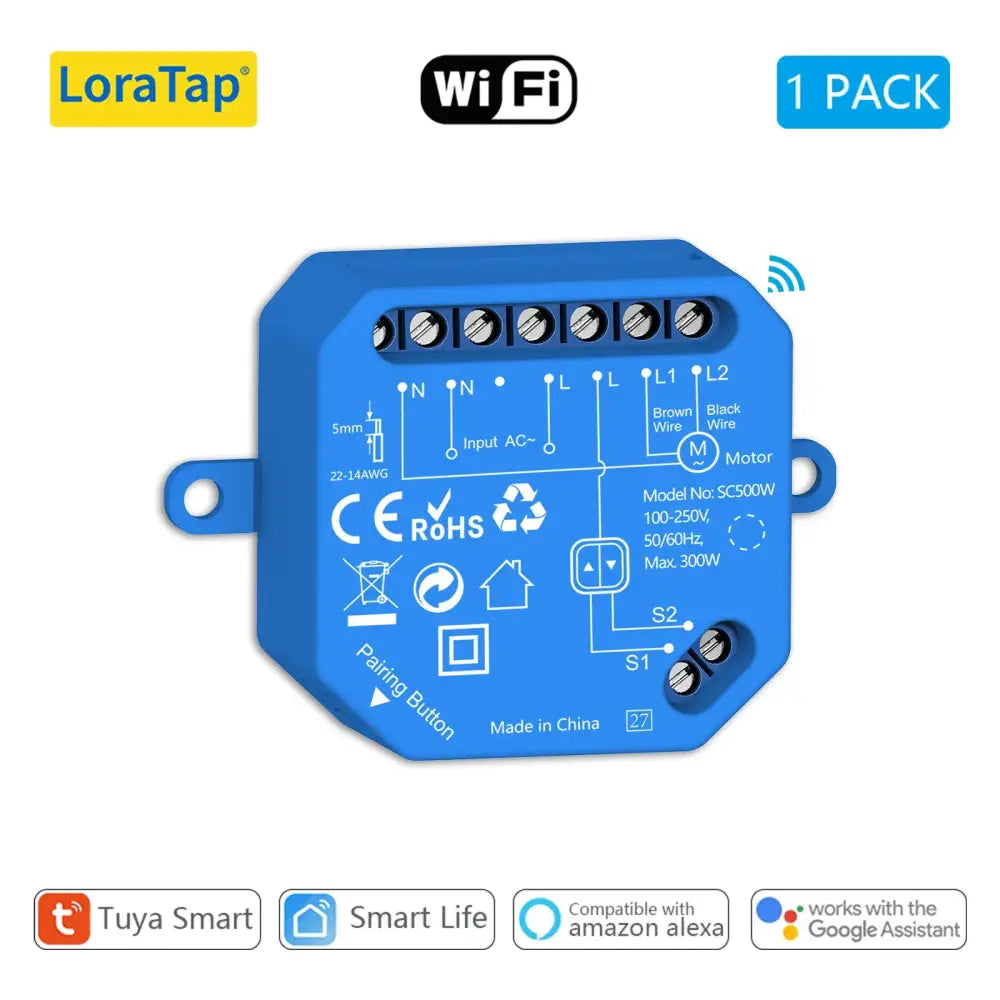 Blue smart switch for LoraTap Tuya Smart curtain switch module with Google Home control