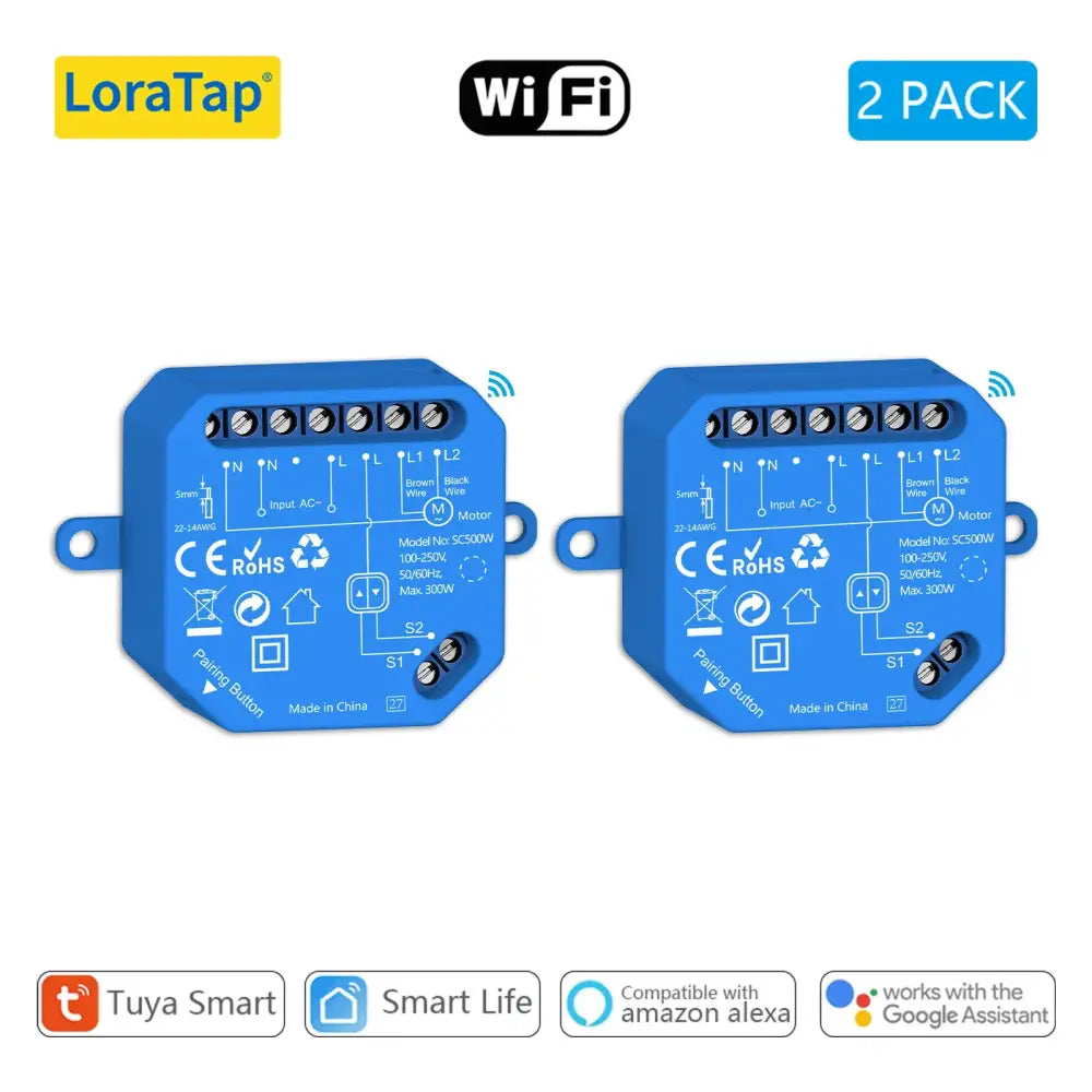 Two blue LoraTap Tuya Smart curtain switch modules for voice control with Google Home