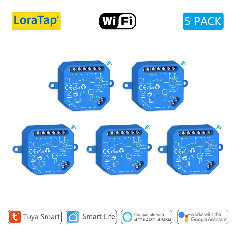 Five blue LoraTap Tuya Smart curtain switch modules for Google Home and Alexa control