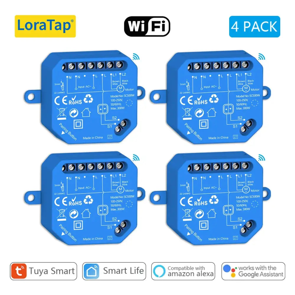 Four blue LoraTap Tuya Smart curtain switch modules for Google Home remote control