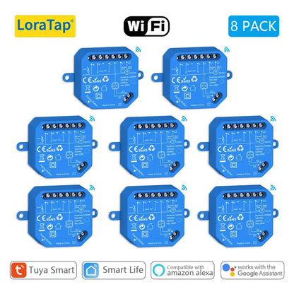 Eight blue LoraTap Tuya Smart Curtain Switch Modules for Google Home control