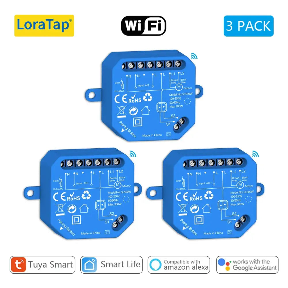 Three blue LoraTap Tuya Smart curtain switch modules for Google Home voice control