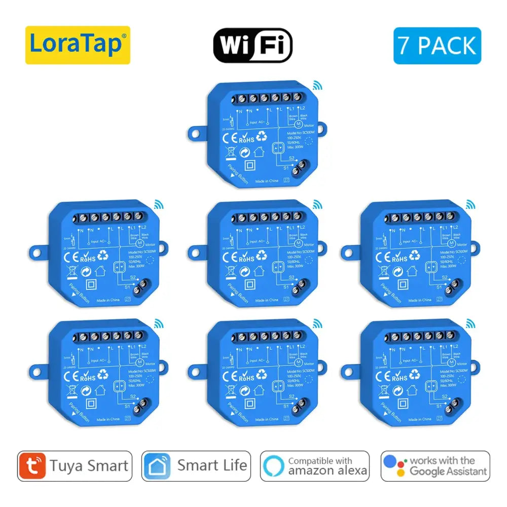 Seven blue LoraTap Tuya Smart Curtain Switch Modules for Google Home voice control