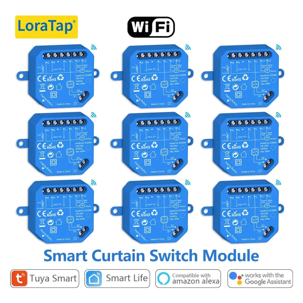 Nine LoraTap Tuya Smart curtain switch modules for Google Home voice control