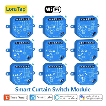 Nine LoraTap Tuya Smart curtain switch modules for Google Home voice control