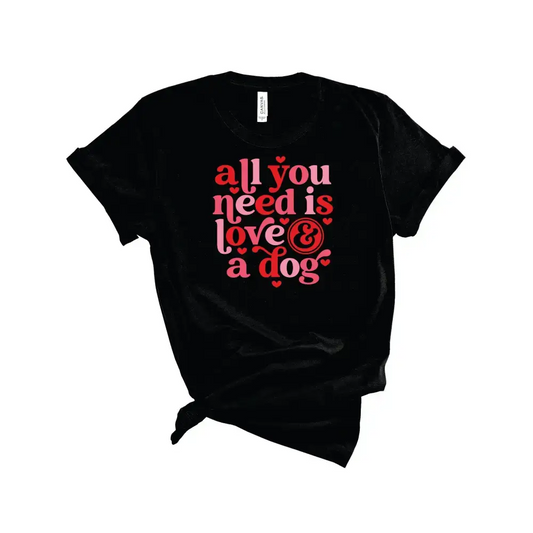 Black graphic tee featuring love and a dog for dog lovers everywhere