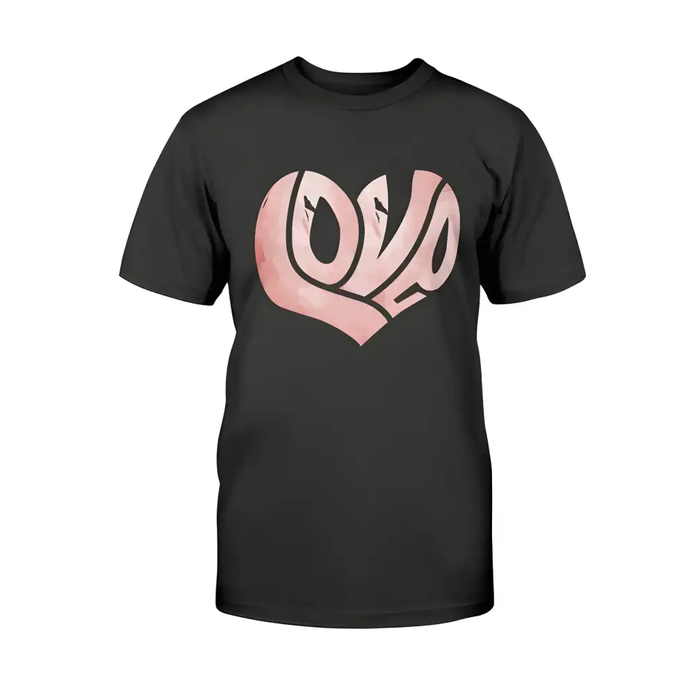 Black canvas unisex t-shirt featuring heart-shaped LOVE design for a trendy look