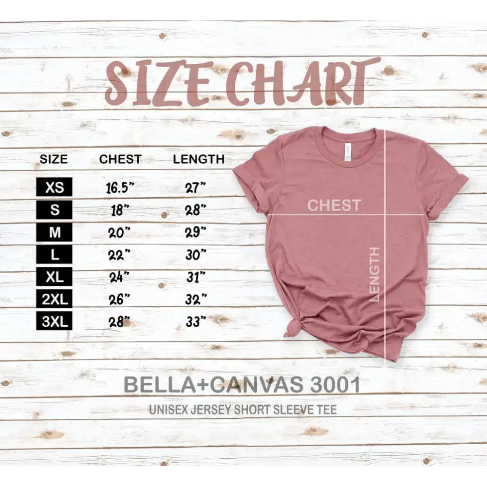 T-shirt size chart for Love Canvas Unisex T-Shirt in Heather Prism Lilac and Dusty Blue