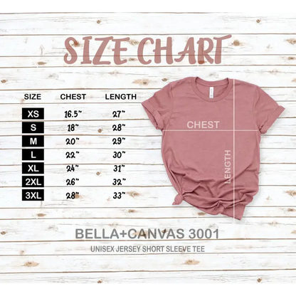 T-shirt size chart for Love Canvas Unisex T-Shirt in Heather Prism Lilac and Dusty Blue