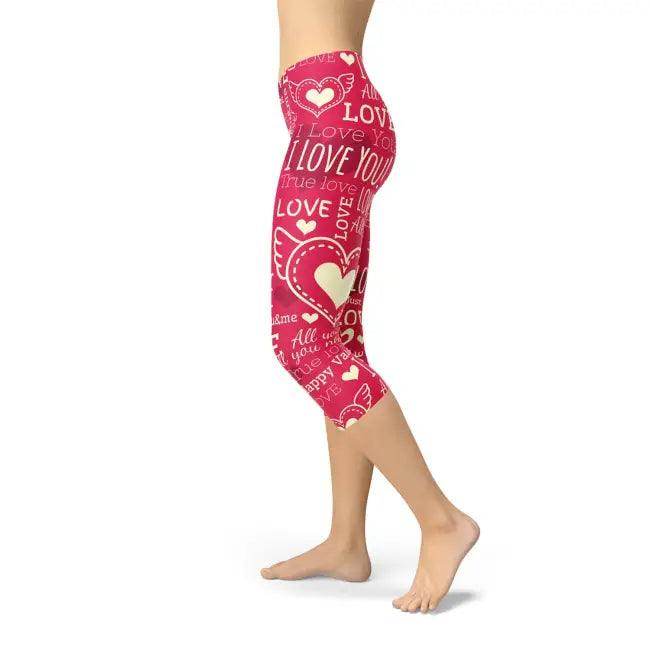 Crimson Capri Leggings with Bold Love Graphics for Style - Estalios