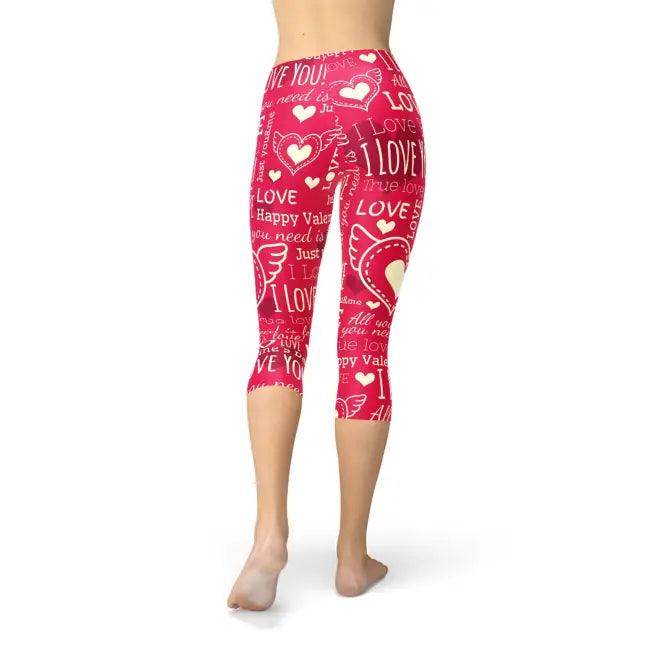 Crimson Capri Leggings with Bold Love Graphics for Style - Estalios