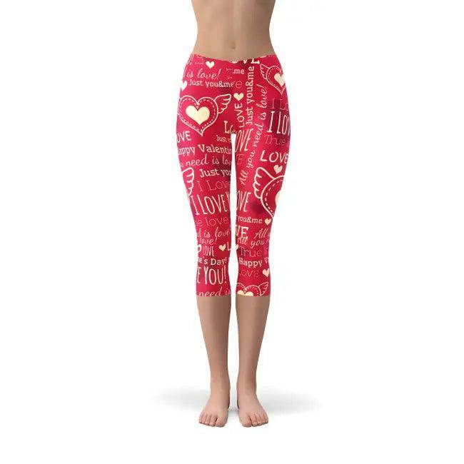 Crimson Capri Leggings with Bold Love Graphics for Style - Estalios