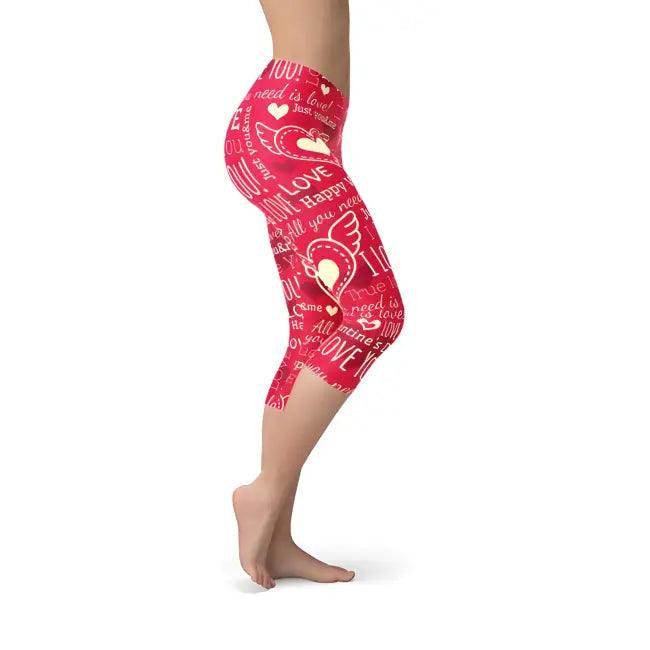 Crimson Capri Leggings with Bold Love Graphics for Style - Estalios