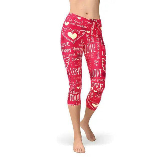 Crimson Capri Leggings with Bold Love Graphics for Style - Estalios