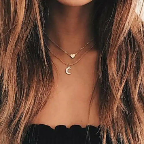 🌙 Love in Layers – Moon and Heart Two Layer Necklace | Stunning Accessory for Every Outfit EstaliosShop  EstaliosShop
