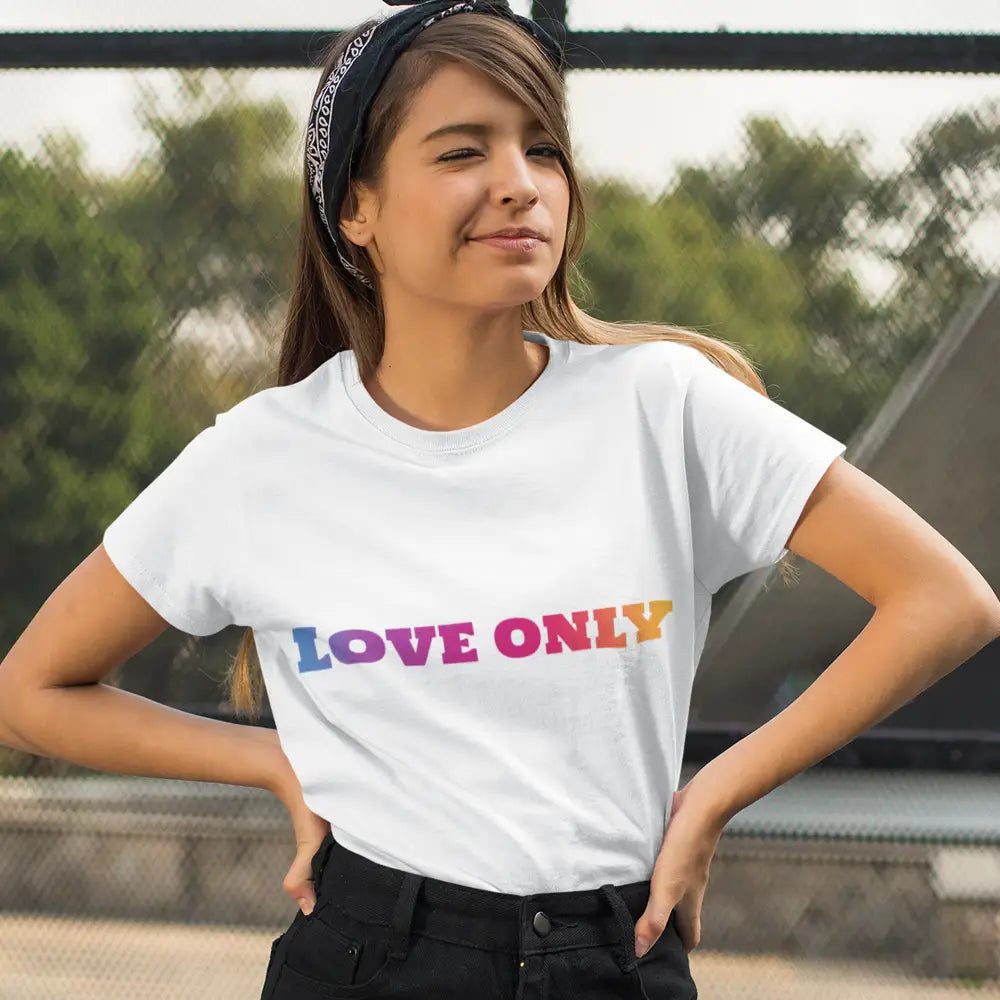 White short sleeve tee with LOVE ONLY text in colorful print jersey style