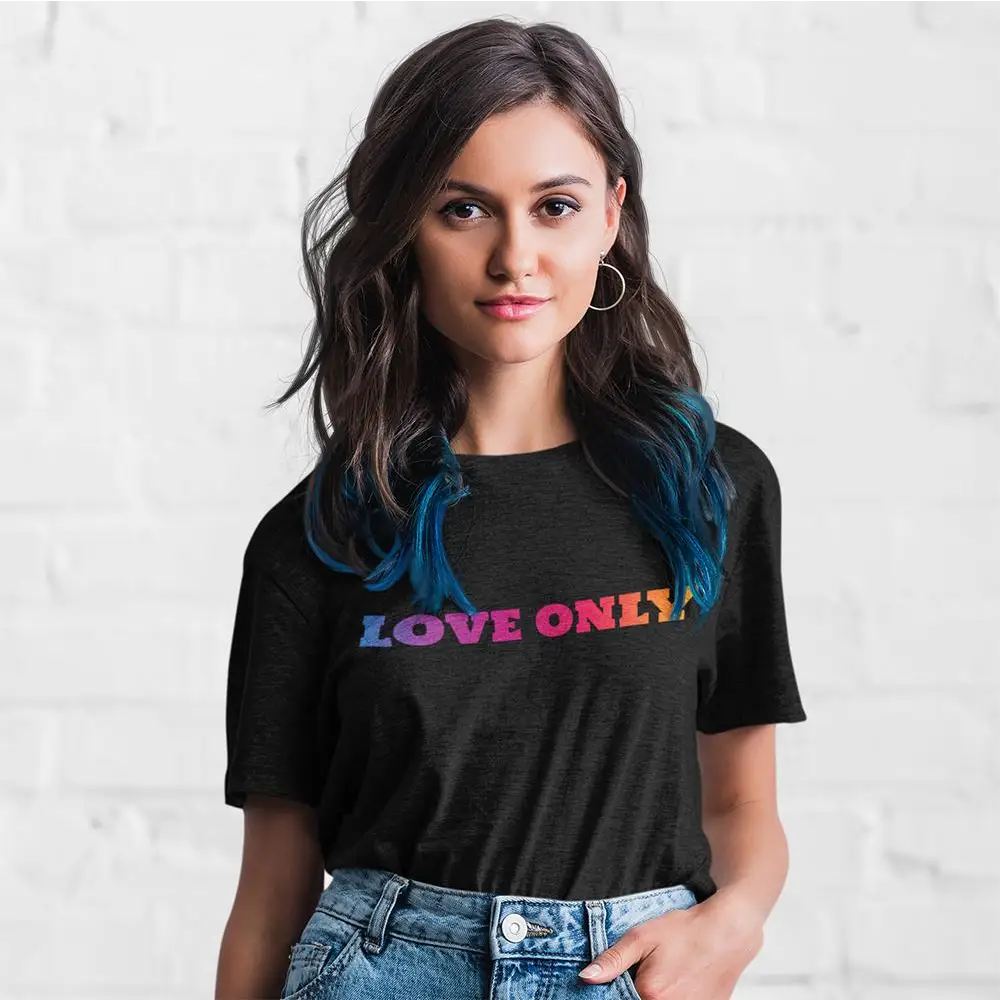 Black short sleeve tee with colorful print jersey saying Love Only, perfect for any outfit