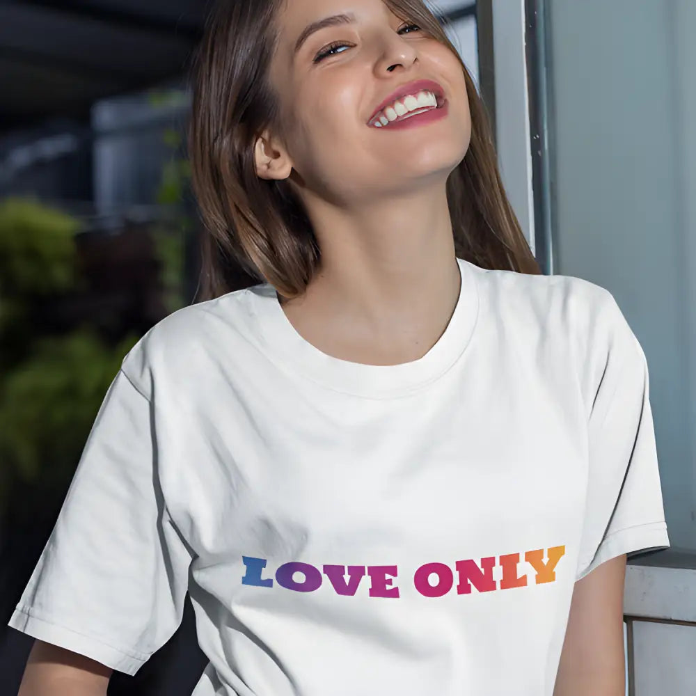 White LOVE ONLY print jersey short sleeve tee for a trendy, casual look