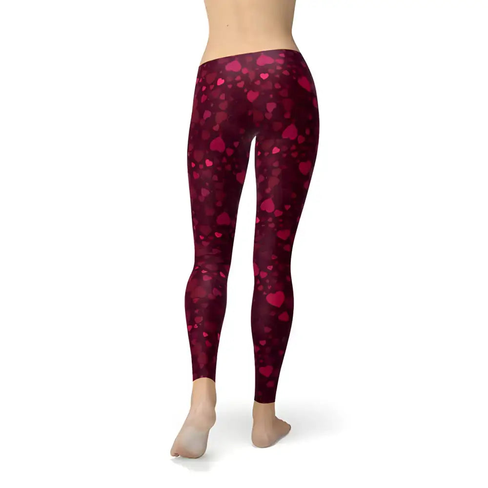 Burgundy heart-patterned leggings for a fun twist on red leggings in a comfy fabric blend