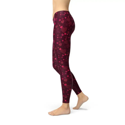 Burgundy leggings with pink hearts from Lovely Red Heart Leggings in comfy fabric blend