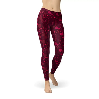 Burgundy heart-patterned leggings perfect for cozy days in Lovely Red Heart Leggings