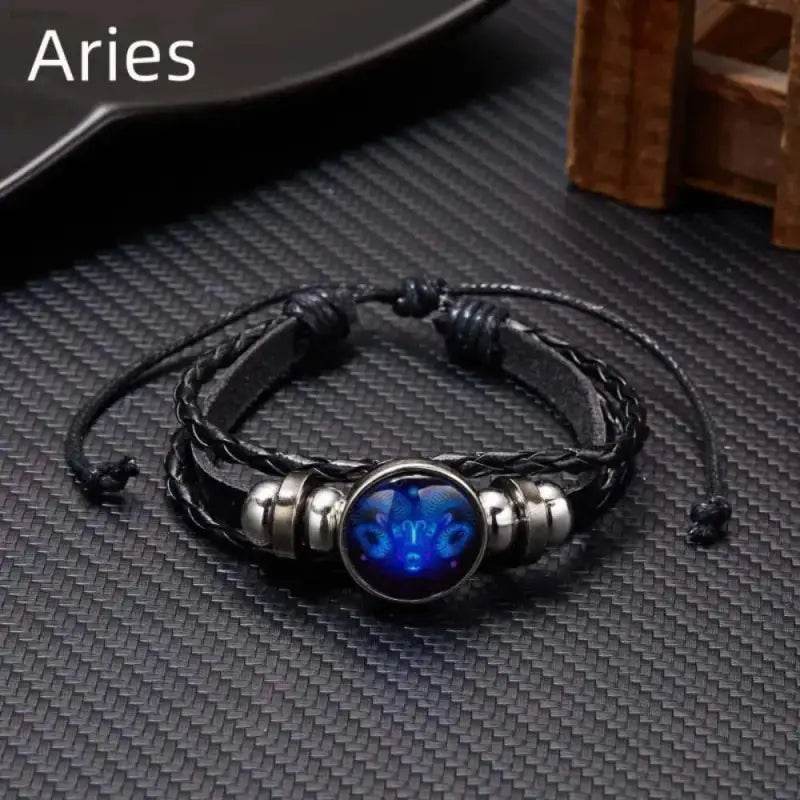 Luminous Zodiac Sign Wrap Bracelets with Vintage Multilayer Leather for Stylish Men and Women, perfect for cosmic charm.