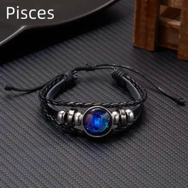 Luminous Zodiac Sign Wrap Bracelets with Vintage Multilayer Leather for Stylish Men and Women, perfect for cosmic charm.