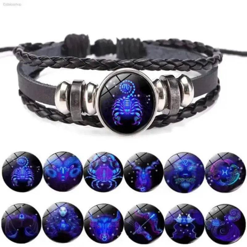 Stylish Luminous Zodiac Sign Wrap Bracelets with Vintage Multilayer Leather for men and women, perfect for cosmic charm.