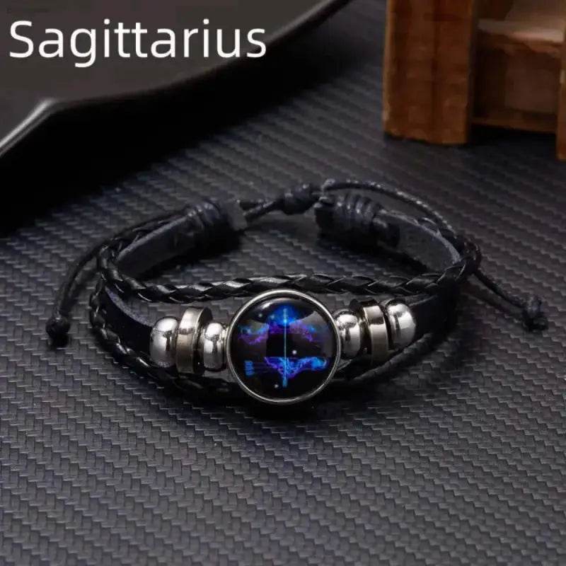 Luminous Zodiac Sign Wrap Bracelets with Vintage Multilayer Leather for Stylish Men and Women, perfect for cosmic charm.