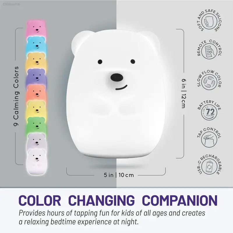 Lumipets Bear Night Light - Remote Control Silicone Lamp with 9 Soft Colors & Sleep Timer - Rechargeable & Battery-Operated for Kids' Bedrooms & Nurseries