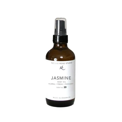 Jasmine Essential Body Oil Mist in a brown glass bottle with spray nozzle