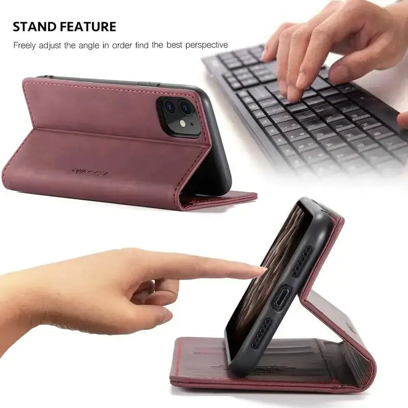 Maroon Luxury Magnetic Flip Wallet Pro Max Sold phone case with stand feature