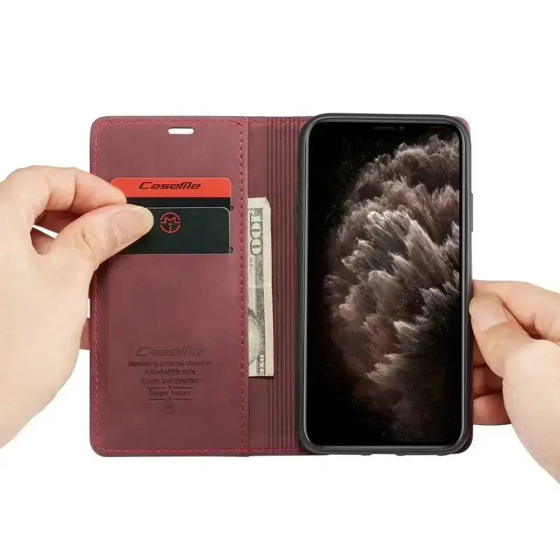 Burgundy Luxury Magnetic Flip Wallet for Pro Max Sold, stylish and functional phone case