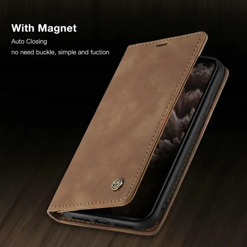 Brown leather luxury magnetic flip wallet for Pro Max Sold with magnetic closure