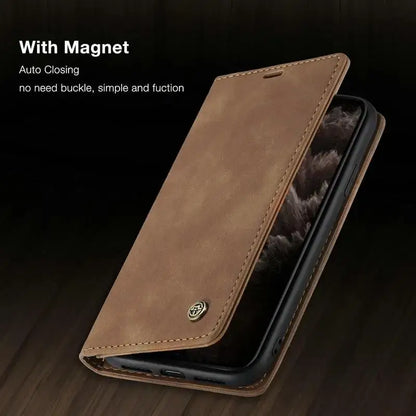 Brown leather luxury magnetic flip wallet for Pro Max Sold with magnetic closure