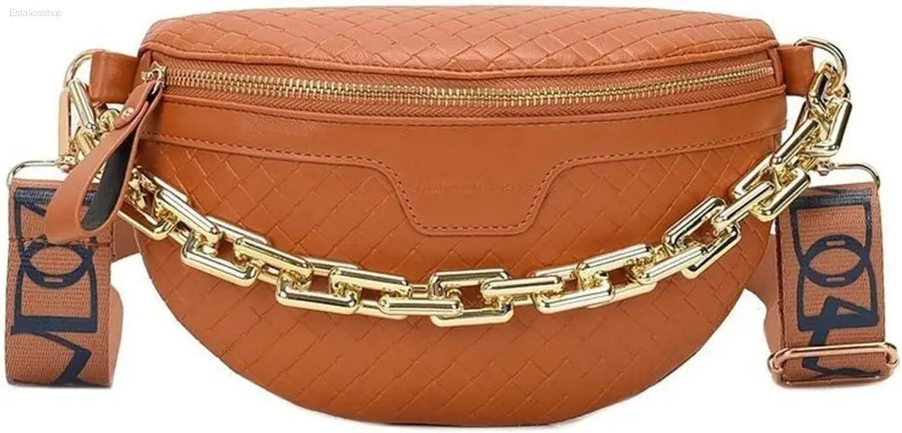 Luxury Plaid Leather Thick Chain Fanny Pack for Women - Versatile Waist, Shoulder, and Crossbody Bag in Black - Estalios