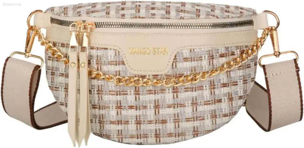Luxury Plaid Leather Thick Chain Fanny Pack for Women - Versatile Waist, Shoulder, and Crossbody Bag in Black - Estalios