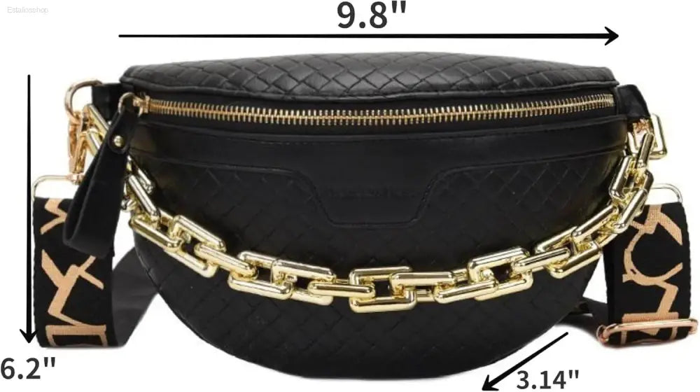 Luxury Plaid Leather Thick Chain Fanny Pack for Women - Versatile Waist, Shoulder, and Crossbody Bag in Black - Estalios